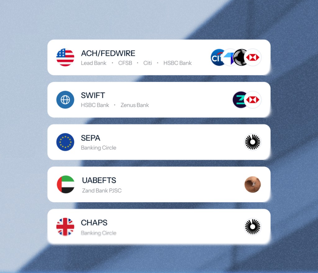 Payment rails and partner banks for ACH, Fedwire, SWIFT, SEPA, UAE FTS, and CHAPS