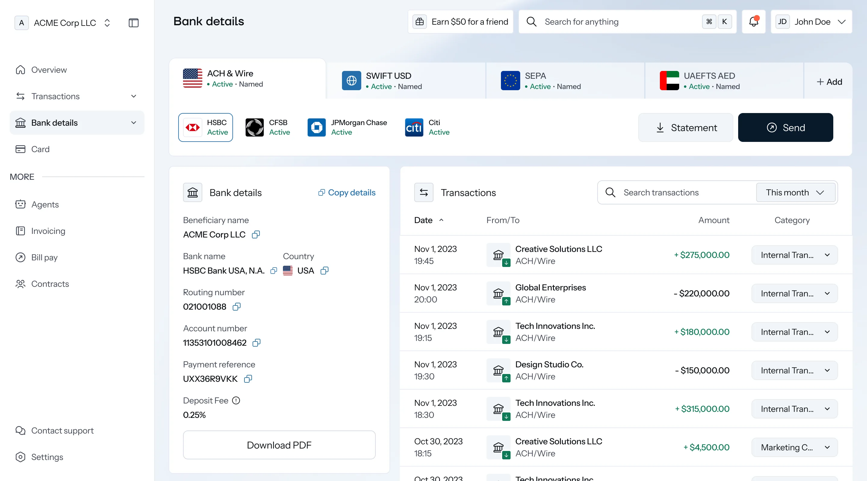 HEVN dashboard showing bank details across ACH, SWIFT, SEPA, and UAEFTS rails