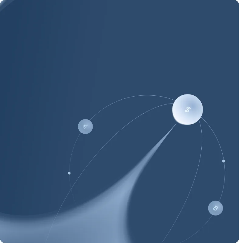 Currency spheres orbiting a settlement path across bank and stablecoin rails